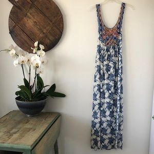 Anthropologie Flying Tomato Maxi Dress Blue & White Bright Embroidery Sz S - EUC